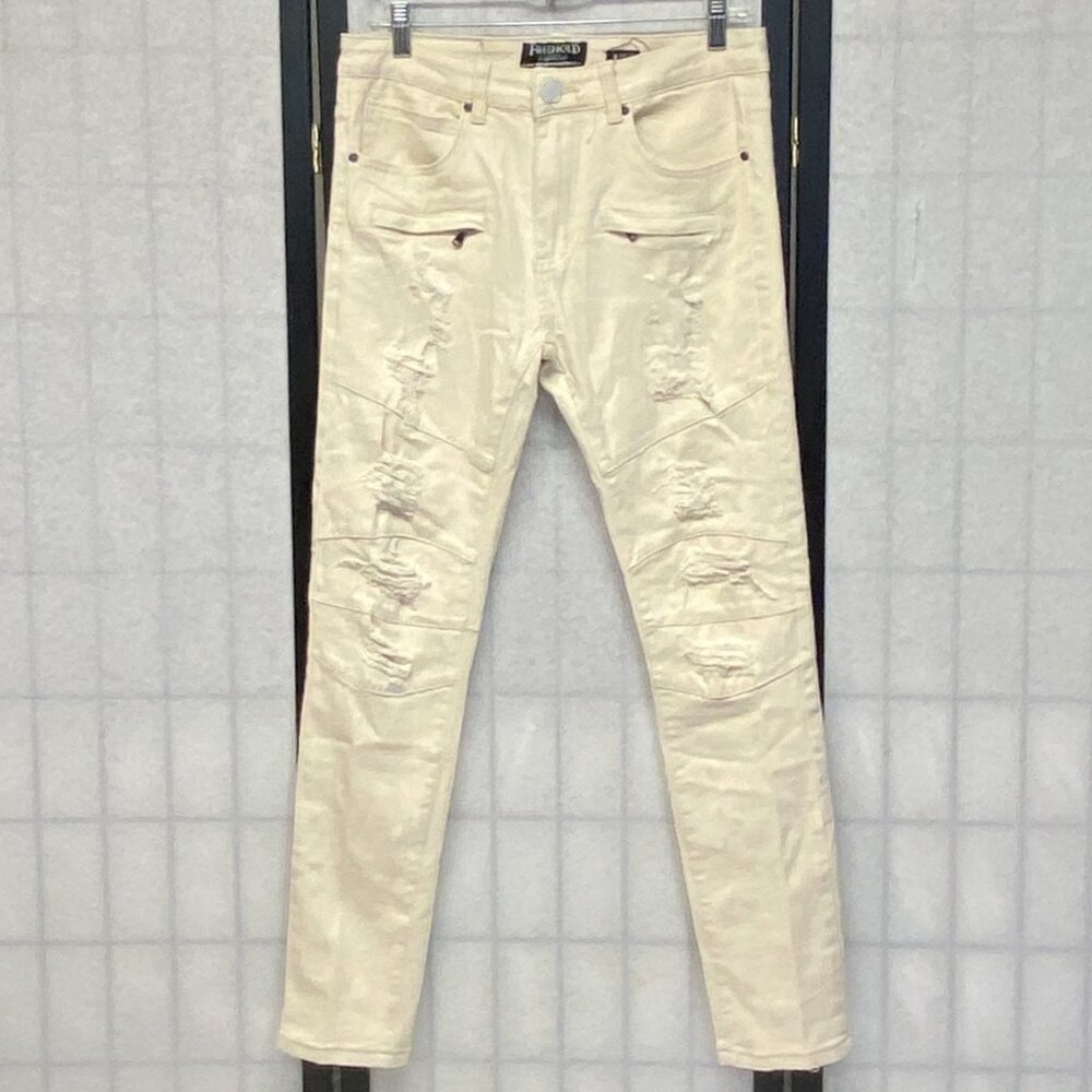 Freehold Mid Rise Cream Distressed Skinny Denim Jeans NWOT 30 Zip Pocket Stretch